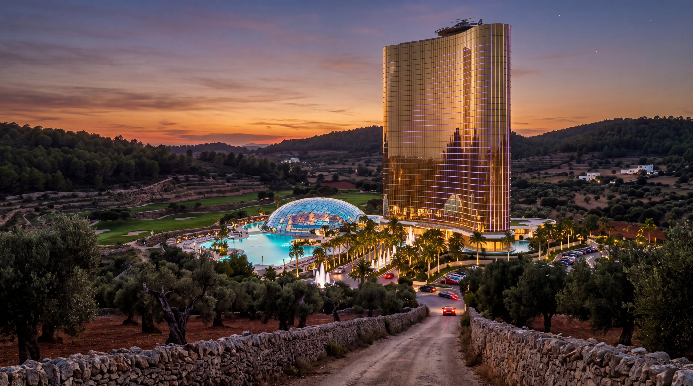The Davenport Grand tower at dusk